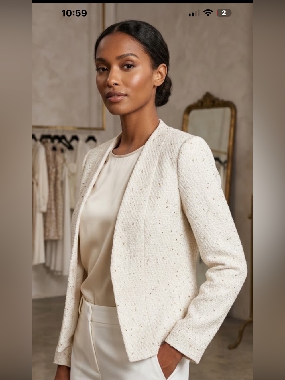 Mina Self Cream Tweed with Gold Fleck details Open-Front Blazer. NWT. 19” PTP